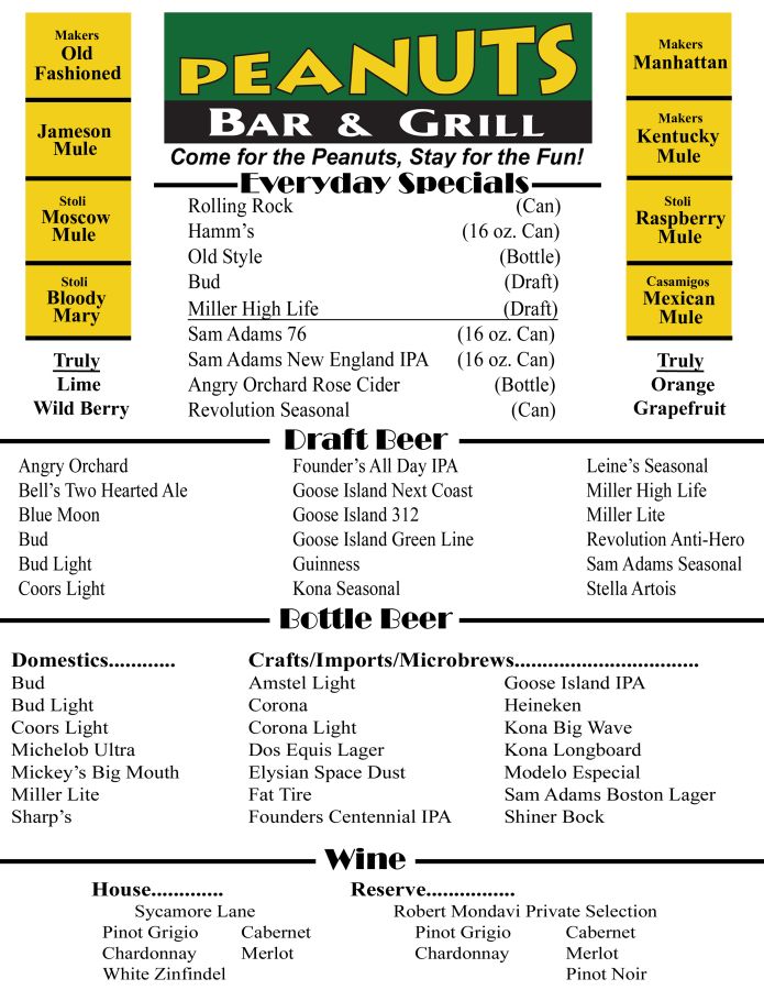 Drink Menu Peanuts Bar & Grill