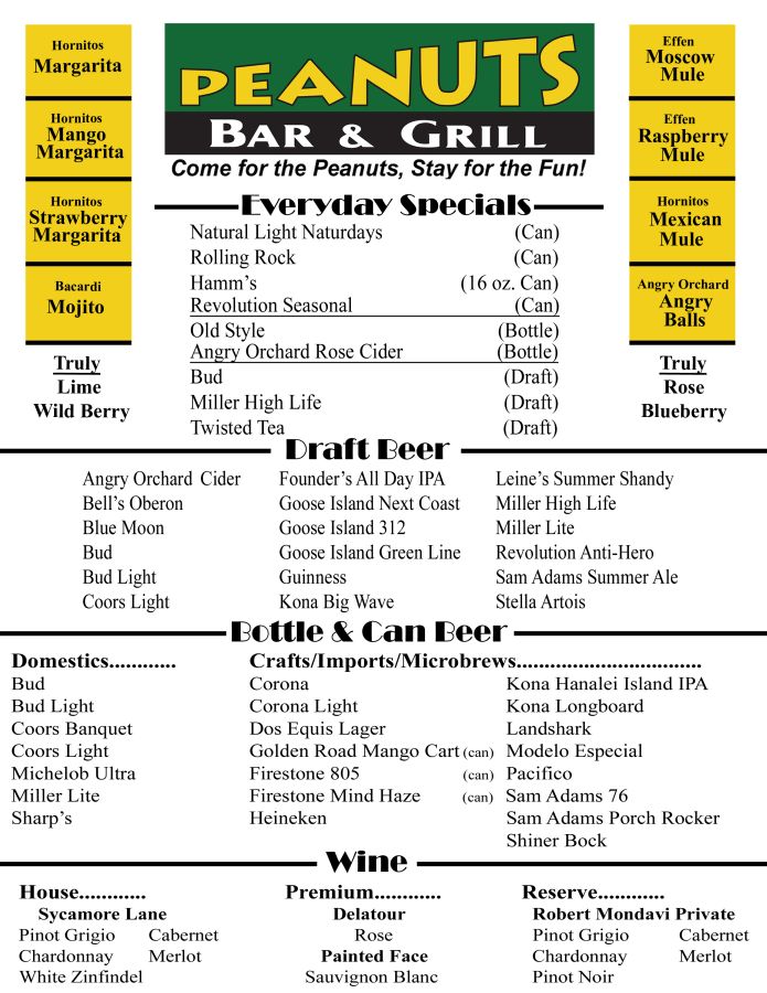 Drink Menu Peanuts Bar & Grill