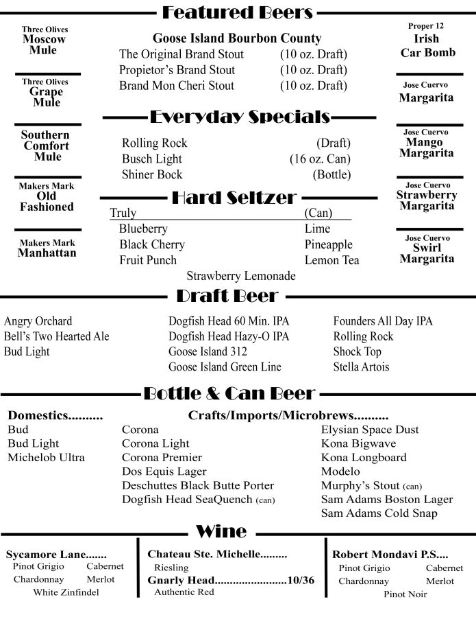 Drink Menu Peanuts Bar & Grill